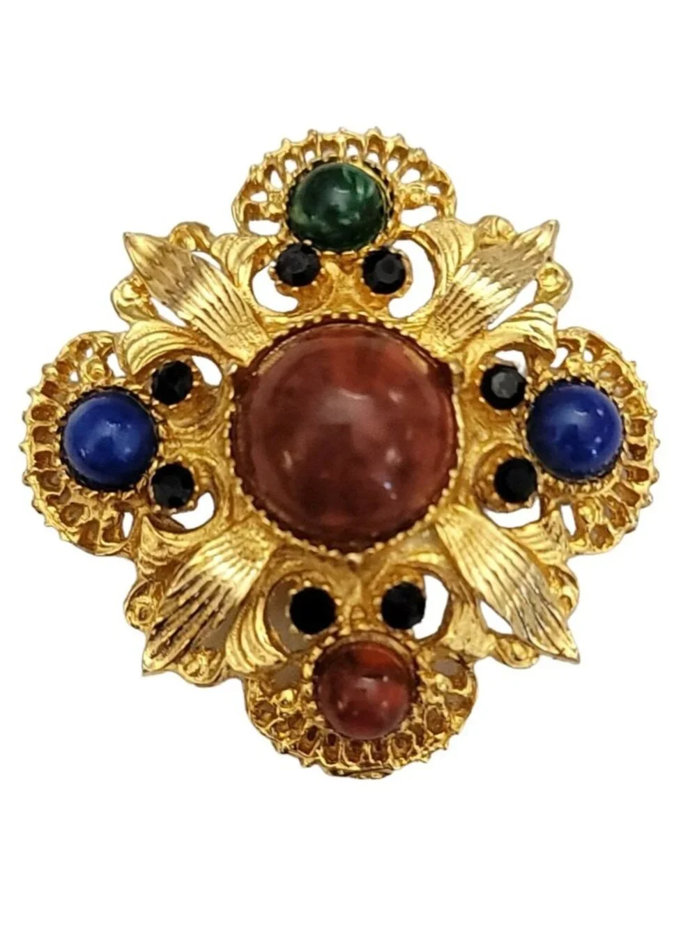 Gold Tone Maltese Cross Lucite Cabochon Brooch Designer Style M820